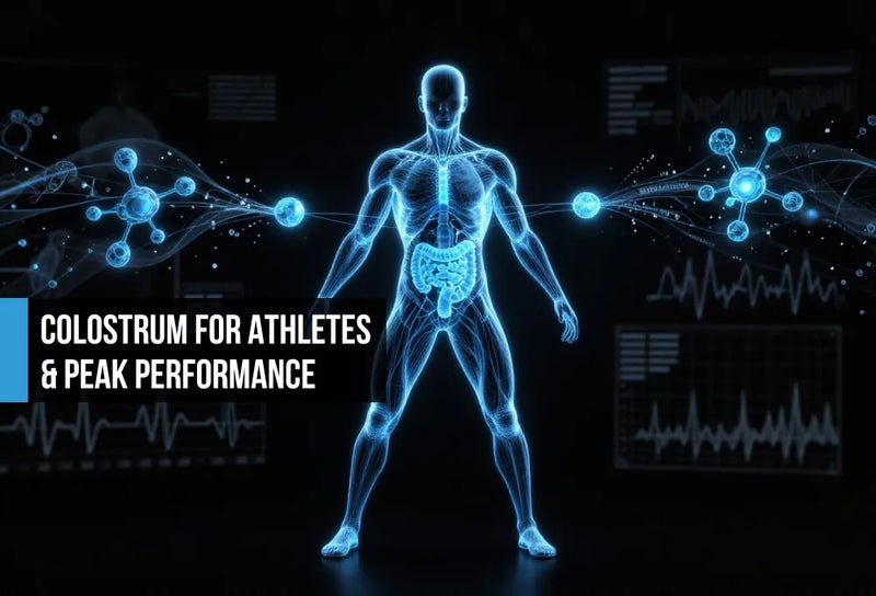 Electric blue athlete silhouette with IgG, lactoferrin, and IGF-1 flowing to gut barrier, immune, muscle, and mineral balance recovery nodes on black