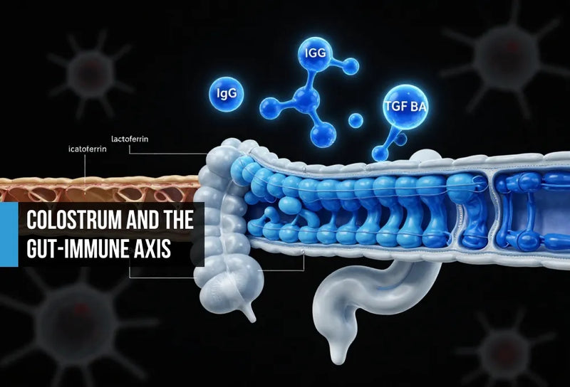 Cinematic cross-section of intact intestinal barrier in electric blue with IgG, lactoferrin, and TGF-β molecules above versus compromised amber barrier on left suggesting leaky gut.