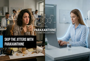 Side-by-side comparison of coffee jitters versus clean focus from paraxanthine in a modern office.