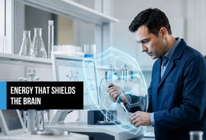 Scientist observing a digital shield protecting brain cells, representing the neuroprotective benefits of paraxanthine.