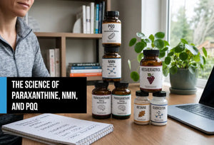 A stack of longevity supplement bottles—NMN, PQQ, and paraxanthine—on a desk for cellular energy research.