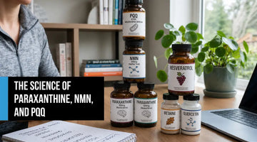A stack of longevity supplement bottles—NMN, PQQ, and paraxanthine—on a desk for cellular energy research.