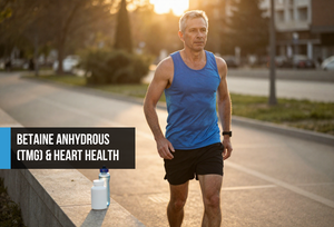 Fit man in his late forties pausing calmly after an outdoor run at golden hour with a supplement bottle nearby — representing betaine anhydrous TMG's cardiovascular resilience and cellular hydration support.