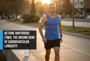 Fit man in his late forties pausing calmly after an outdoor run at golden hour with a supplement bottle nearby — representing betaine anhydrous TMG's cardiovascular resilience and cellular hydration support.