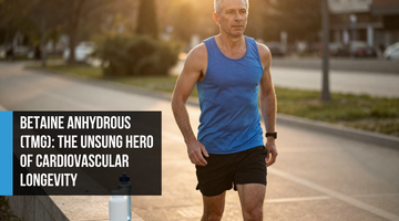 Fit man in his late forties pausing calmly after an outdoor run at golden hour with a supplement bottle nearby — representing betaine anhydrous TMG's cardiovascular resilience and cellular hydration support.