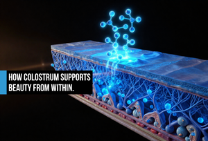 Electric blue skin cross-section with EGF structures signaling above the epidermis and exosome vesicles at the surface against faint amber UV stress indicators on black background