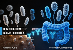 Probiotics failing on a damaged amber gut barrier versus thriving bacteria on an electric blue barrier reinforced by colostrum IgG and growth factors