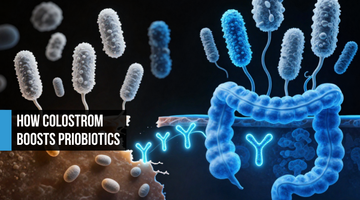Probiotics failing on a damaged amber gut barrier versus thriving bacteria on an electric blue barrier reinforced by colostrum IgG and growth factors