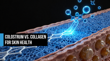 Skin dermis cross-section in electric blue showing collagen fiber architecture with amino acid chains and EGF exosome signals converging, MMP enzymes suppressed at edges, black background