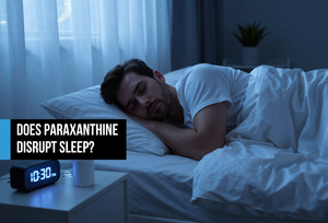 Man sleeping deeply in a premium bedroom at 10:30 PM with a supplement bottle on the nightstand — representing paraxanthine's fast half-life and sleep-protective clearance compared to caffeine.