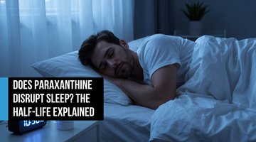 Man sleeping deeply in a premium bedroom at 10:30 PM with a supplement bottle on the nightstand — representing paraxanthine's fast half-life and sleep-protective clearance compared to caffeine.