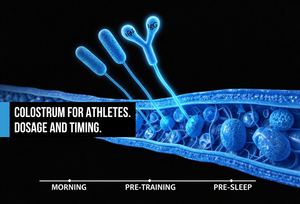 Electric blue muscle fiber cross-section with IGF-1 and IgG structures flowing to recovery tissue, white timeline marking morning, pre-training, and pre-sleep windows on black