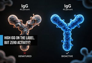 Cinematic scientific concept showing denatured grey IgG antibody with red X versus intact electric blue bioactive IgG with checkmark, both labeled IgG 40% to illustrate turbidity-corrected testing