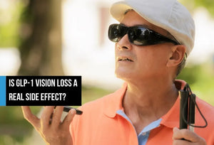 Older man wearing sunglasses and holding a white cane.