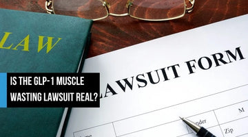 A law book and lawsuit form with a pen and glasses on a desk, with overlay text 'Is the GLP-1 Muscle Wasting Lawsuit Real?'