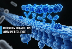 Electric blue gut barrier with intact tight junctions, floating IgG antibody structures, and lactoferrin layer against faint amber training stress indicators suggesting immune resilience