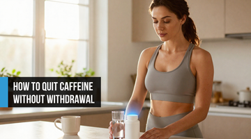 Confident woman in her early thirties placing a paraxanthine supplement beside a glass of water with an empty coffee mug turned face down, representing an empowered, intentional transition away from caffeine dependency toward clean sustainable energy.