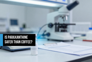 Pharmaceutical-grade crystalline powder in a glass vial on a lab surface beside a precision scale and safety report — representing paraxanthine's rigorous toxicology testing and GRAS-affirmed purity standards.