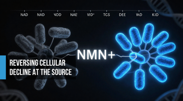 Cinematic scientific concept showing fading grey mitochondria on the left and vivid electric blue restored mitochondria on the right, with an NMN molecular structure bridging the transformation on a matte black background