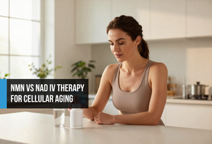 Healthy woman in her forties taking a daily NMN supplement capsule at a bright minimalist kitchen counter — representing sustainable NAD+ support and cellular energy optimization over expensive IV therapy.