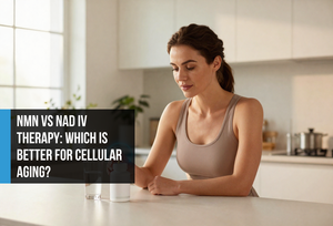 Healthy woman in her forties taking a daily NMN supplement capsule at a bright minimalist kitchen counter — representing sustainable NAD+ support and cellular energy optimization over expensive IV therapy.
