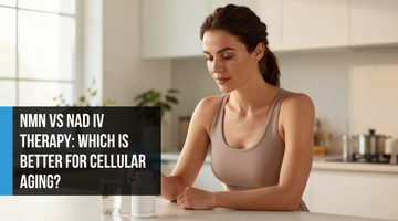 Healthy woman in her forties taking a daily NMN supplement capsule at a bright minimalist kitchen counter — representing sustainable NAD+ support and cellular energy optimization over expensive IV therapy.