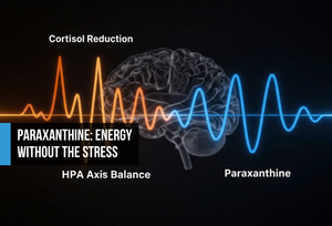 Scientific concept image contrasting caffeine-driven cortisol overstimulation with balanced paraxanthine neurological activation, showing jagged amber stress waves versus smooth blue sine waves on a dark background