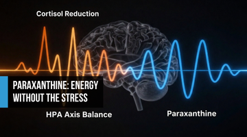 Scientific concept image contrasting caffeine-driven cortisol overstimulation with balanced paraxanthine neurological activation, showing jagged amber stress waves versus smooth blue sine waves on a dark background