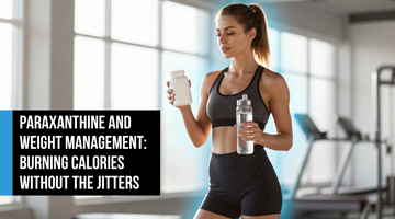 Athletic woman finishing a morning workout holding a supplement bottle and water, calm and energized — representing clean metabolic energy and body composition support from paraxanthine.