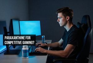 Competitive gamer at a high-performance setup representing how paraxanthine improves reaction time, executive function, and sustained cognitive focus for esports without the jitters or crashes of traditional energy drinks.