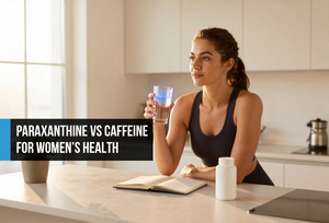 Confident woman at a bright kitchen island holding water and a supplement bottle with a soft blue glow, calm morning light, suggesting clean hormonal energy support
