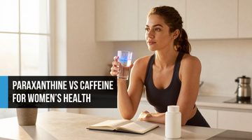 Confident woman at a bright kitchen island holding water and a supplement bottle with a soft blue glow, calm morning light, suggesting clean hormonal energy support