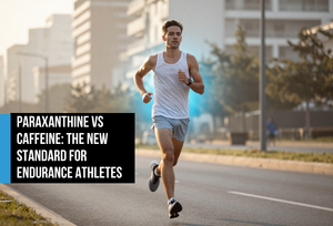 Lean male endurance athlete running focused and controlled through an urban morning race — representing paraxanthine's clean energy and cognitive clarity advantage over caffeine for endurance performance.