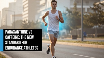 Lean male endurance athlete running focused and controlled through an urban morning race — representing paraxanthine's clean energy and cognitive clarity advantage over caffeine for endurance performance.