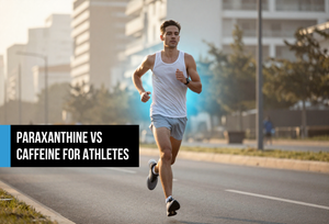 Lean male endurance athlete running focused and controlled through an urban morning race — representing paraxanthine's clean energy and cognitive clarity advantage over caffeine for endurance performance.