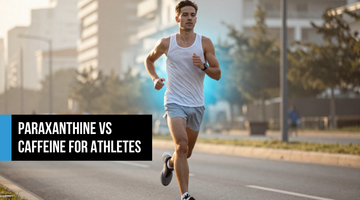 Lean male endurance athlete running focused and controlled through an urban morning race — representing paraxanthine's clean energy and cognitive clarity advantage over caffeine for endurance performance.