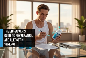 Biohacker in his mid-forties reviewing supplement labels at a minimalist home office desk at golden hour — representing informed longevity optimization with resveratrol and quercetin supplementation.