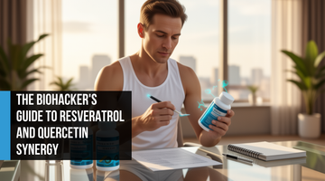 Biohacker in his mid-forties reviewing supplement labels at a minimalist home office desk at golden hour — representing informed longevity optimization with resveratrol and quercetin supplementation.