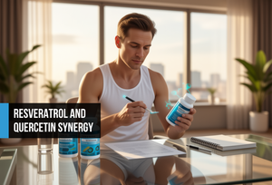 Biohacker in his mid-forties reviewing supplement labels at a minimalist home office desk at golden hour — representing informed longevity optimization with resveratrol and quercetin supplementation.