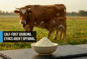 Healthy cow and newborn calf together in a blurred golden pasture behind a ceramic bowl of rich ivory colostrum powder on dark slate, communicating calf-first ethical sourcing