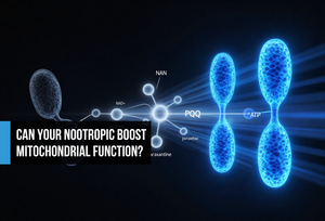 Split scientific concept showing a depleted grey mitochondria transforming into three vivid electric blue mitochondria, representing NMN, PQQ, and paraxanthine restoring NAD+ synthesis, mitochondrial biogenesis, and ATP production.