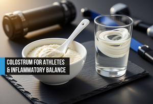 Ceramic bowl of ivory colostrum powder with a spoon on dark slate beside a glass of water with powder dissolving, foam roller and resistance band softly out of focus in the background