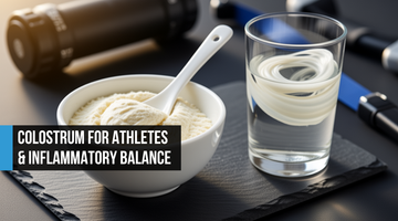 Ceramic bowl of ivory colostrum powder with a spoon on dark slate beside a glass of water with powder dissolving, foam roller and resistance band softly out of focus in the background