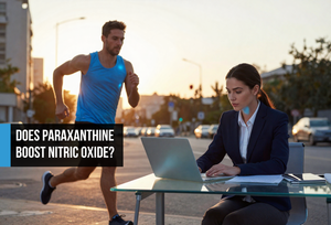 Split lifestyle image of a male endurance athlete and female executive both glowing with electric blue cellular energy, representing how cardiovascular health and blood flow are the shared foundation of elite athletic and cognitive performance.