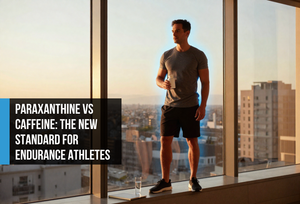 Lean man in his mid-forties standing at a floor-to-ceiling window at golden hour with a supplement bottle, representing Total Longevity Upgrade's cellular energy, cognitive performance, and biological optimization.