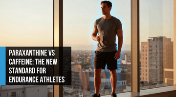 Lean man in his mid-forties standing at a floor-to-ceiling window at golden hour with a supplement bottle, representing Total Longevity Upgrade's cellular energy, cognitive performance, and biological optimization.