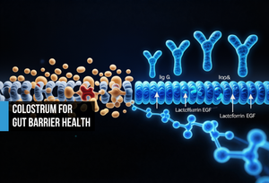 Amber loosened tight junctions with leaking particles versus sealed electric blue junctions with IgG, lactoferrin, and EGF molecules reinforcing gut barrier integrity
