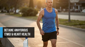 Fit man in his late forties pausing calmly after an outdoor run at golden hour with a supplement bottle nearby — representing betaine anhydrous TMG's cardiovascular resilience and cellular hydration support.