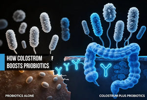 Probiotics failing on a damaged amber gut barrier versus thriving bacteria on an electric blue barrier reinforced by colostrum IgG and growth factors