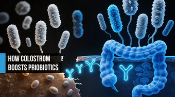 Probiotics failing on a damaged amber gut barrier versus thriving bacteria on an electric blue barrier reinforced by colostrum IgG and growth factors
